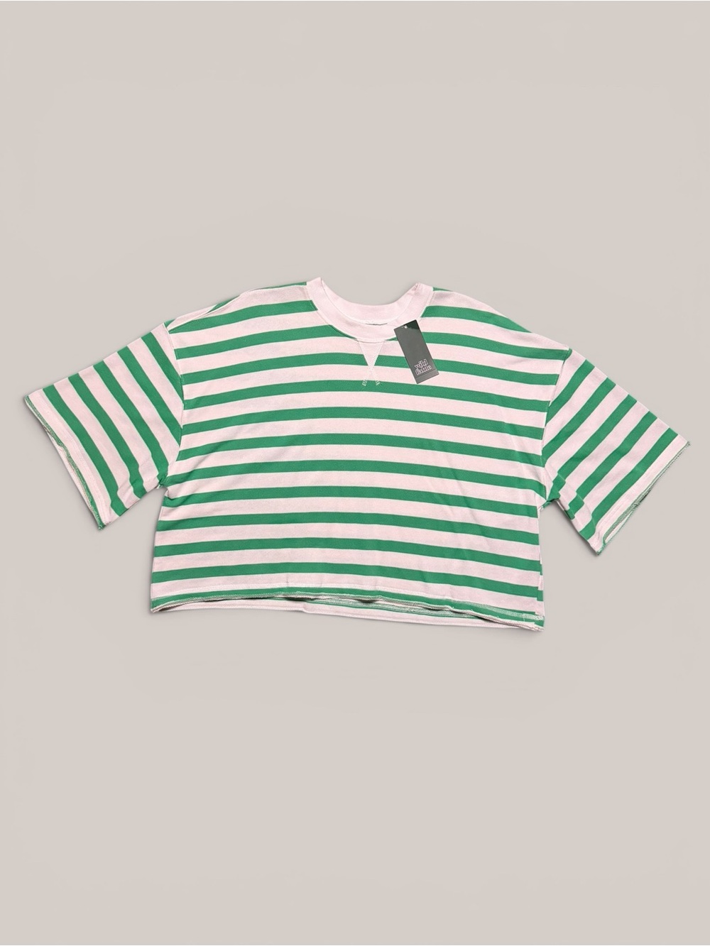 Green and White Striped Oversized Cropped Tee